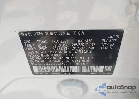 2021 Honda Hr-V 2Wd Ex из США, поврежденный, VIN 3CZRU5H55MM732226